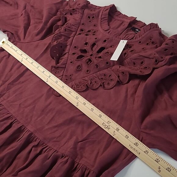 $140 NEW MADEWELL LONG SLEEVE MULBERRY MAROON RUFFLE MINI DRESS L LARGE NWT - Picture 5 of 14